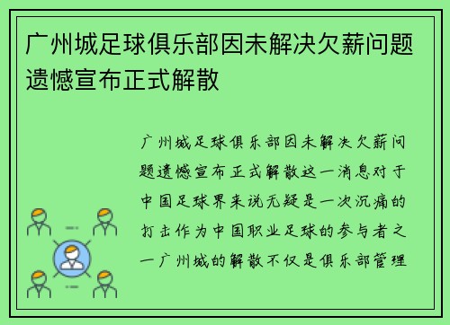 广州城足球俱乐部因未解决欠薪问题遗憾宣布正式解散