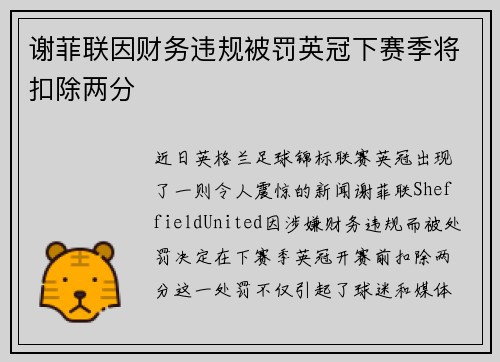 谢菲联因财务违规被罚英冠下赛季将扣除两分 谢菲联因财务违规被罚英冠下赛季将扣除两分